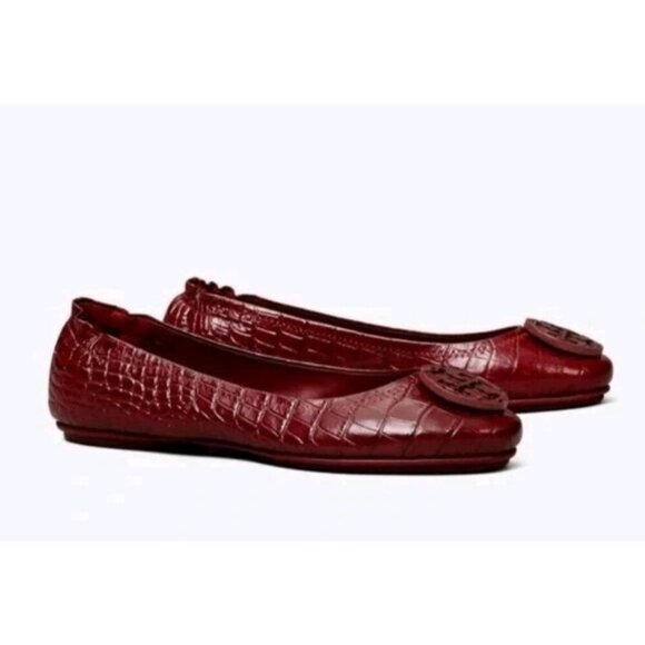 Tory Burch Reva Croc Embossed Patent Slip On Ballet Flats Size 6 Burgundy Red